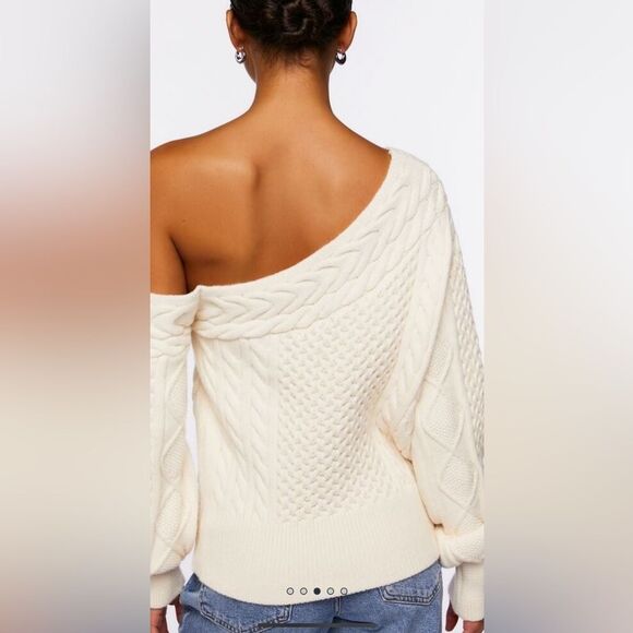 Small Forever 21 Cream One-Shoulder Cable Knit Sweater NWOT - Picture 3 of 5